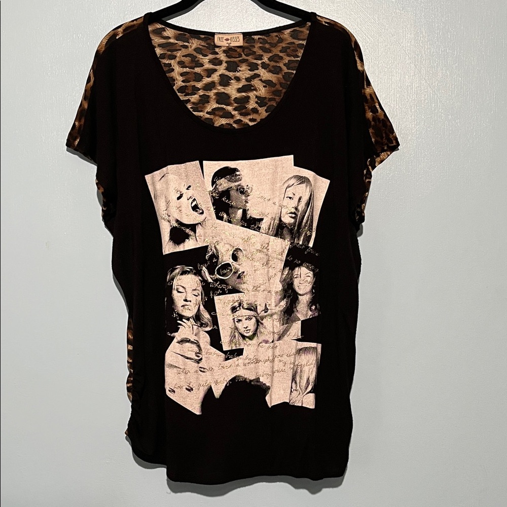 Free Kisses Black and Leopard Graphic Women's Tee fits 1X